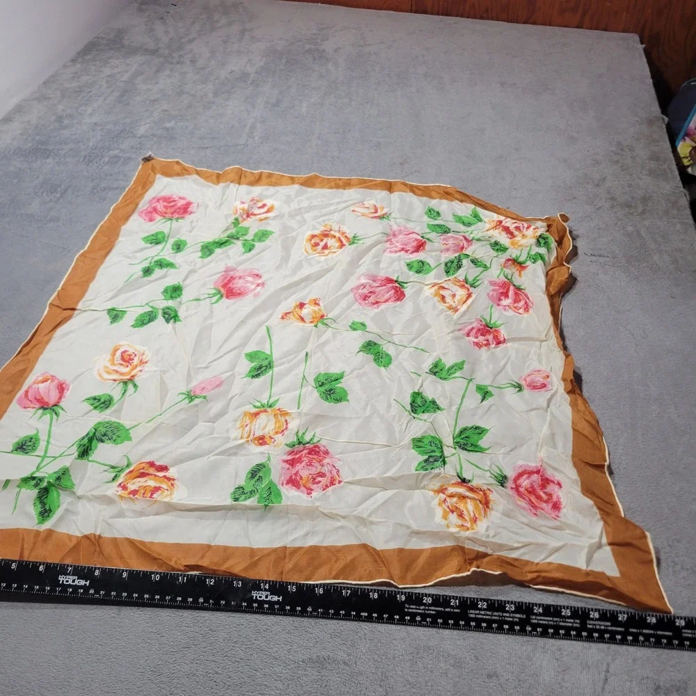 Sapphire Crepe Scarf Womens OS White Pink Floral Rose Hand Rolled Made‎ in Japan